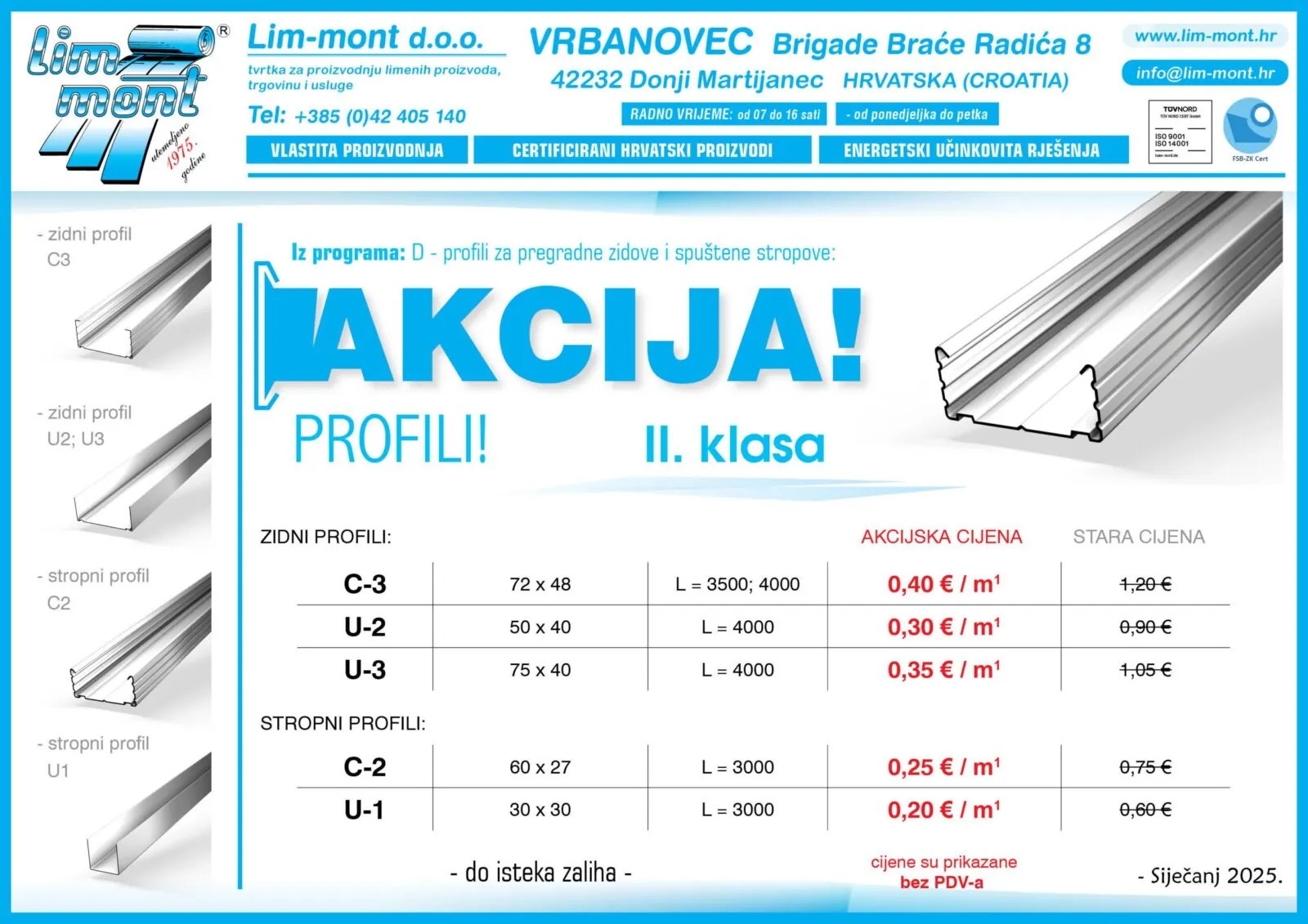 AKCIJA: Profili za pregradne zidove i spuštene stropove